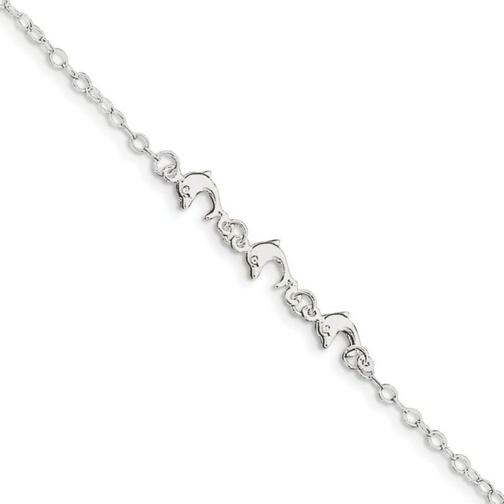 Triple Dolphins Anklet in Sterling Silver, 9 inch